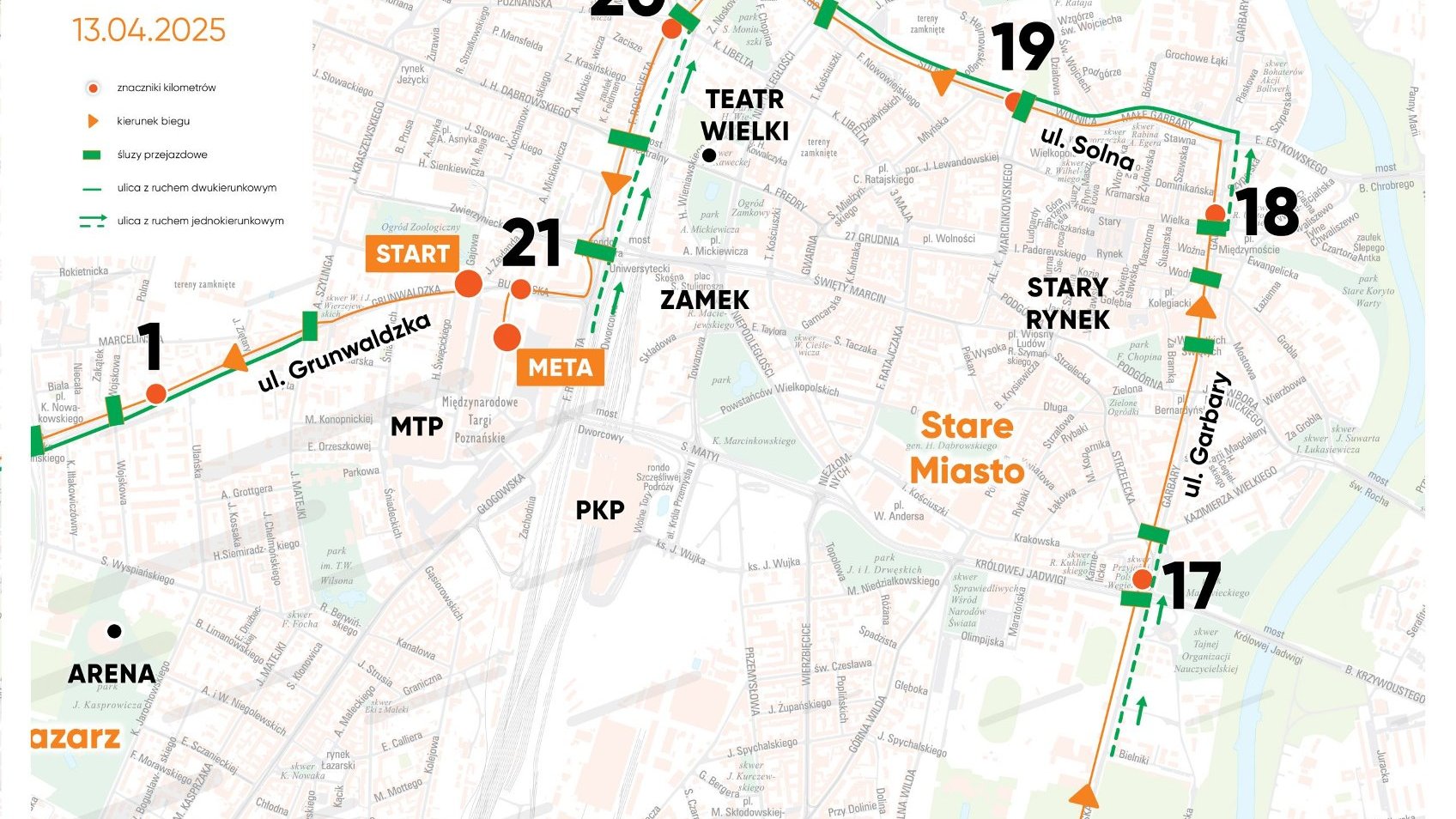 Mapa utrudnień w ruchu podczas 17.PKO Poznań Półmaratonu = mapa miasta z pokazanymi utrudnieniami