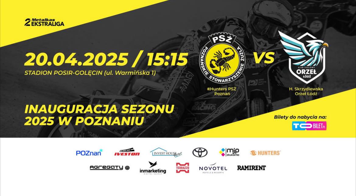 Plakat zapowiadający mecz Hunters PSŻ Poznań - na czarnym tle informacja o wydarzeniu - logotypy klubów, termin oraz miejsce, a w tle jadący na motocyklu zawodnik - grafika artykułu