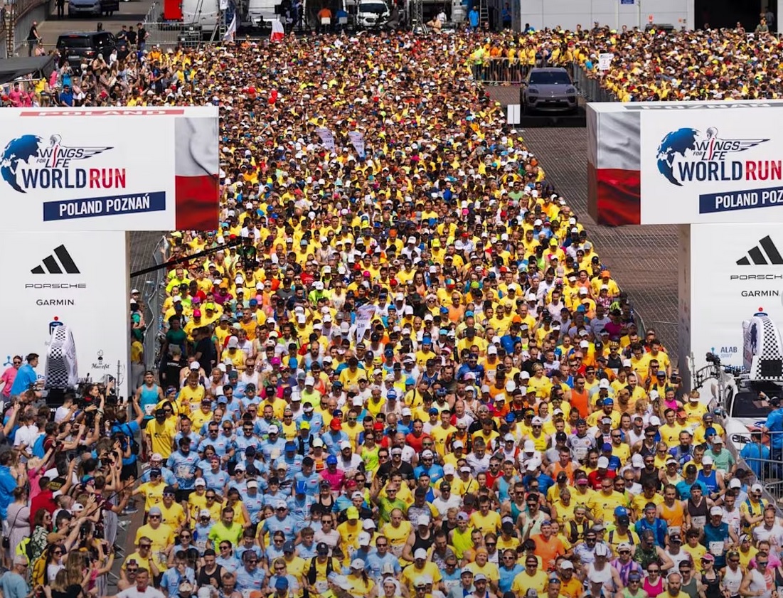 Wings for Life World Run 2024, fot. Damian Kramski - tłum ludzi na starcie zawodów, większość w żółtych koszulkach. Przebiegają przez białą bramę, a z boku ludzie stoją poza trasą i robią zdjęcia - grafika artykułu