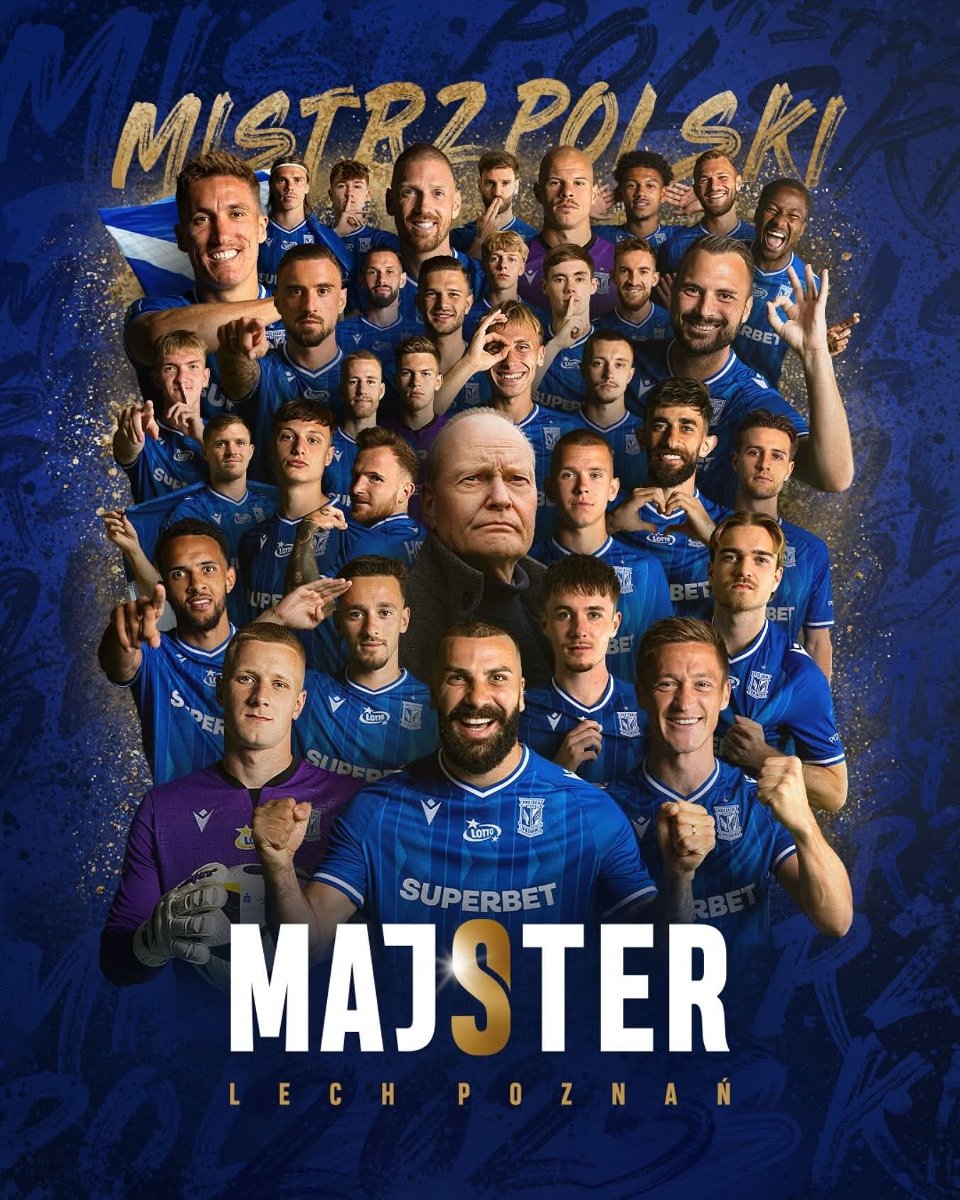 Lech Poznań z mistrzostwem Polski 2024/25 - ponad dwadzieścia sylwetek piłkarzy, a w środku trener Lecha. Na dole biały napis Majster, a na górze złoty Mistrz Polski - grafika artykułu