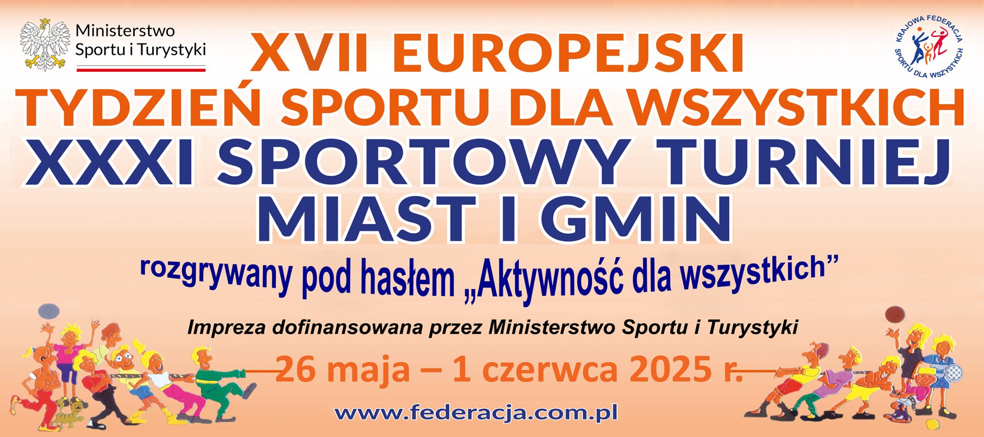 XXXI Sportowy Turniej Miast i Gmin - na pomarańczoym tle tytuł imprezy w kolorze pomarańczowym i granatowym, a także jej termin oraz logotyp Ministerstwa Sportu i Turystyki - grafika artykułu