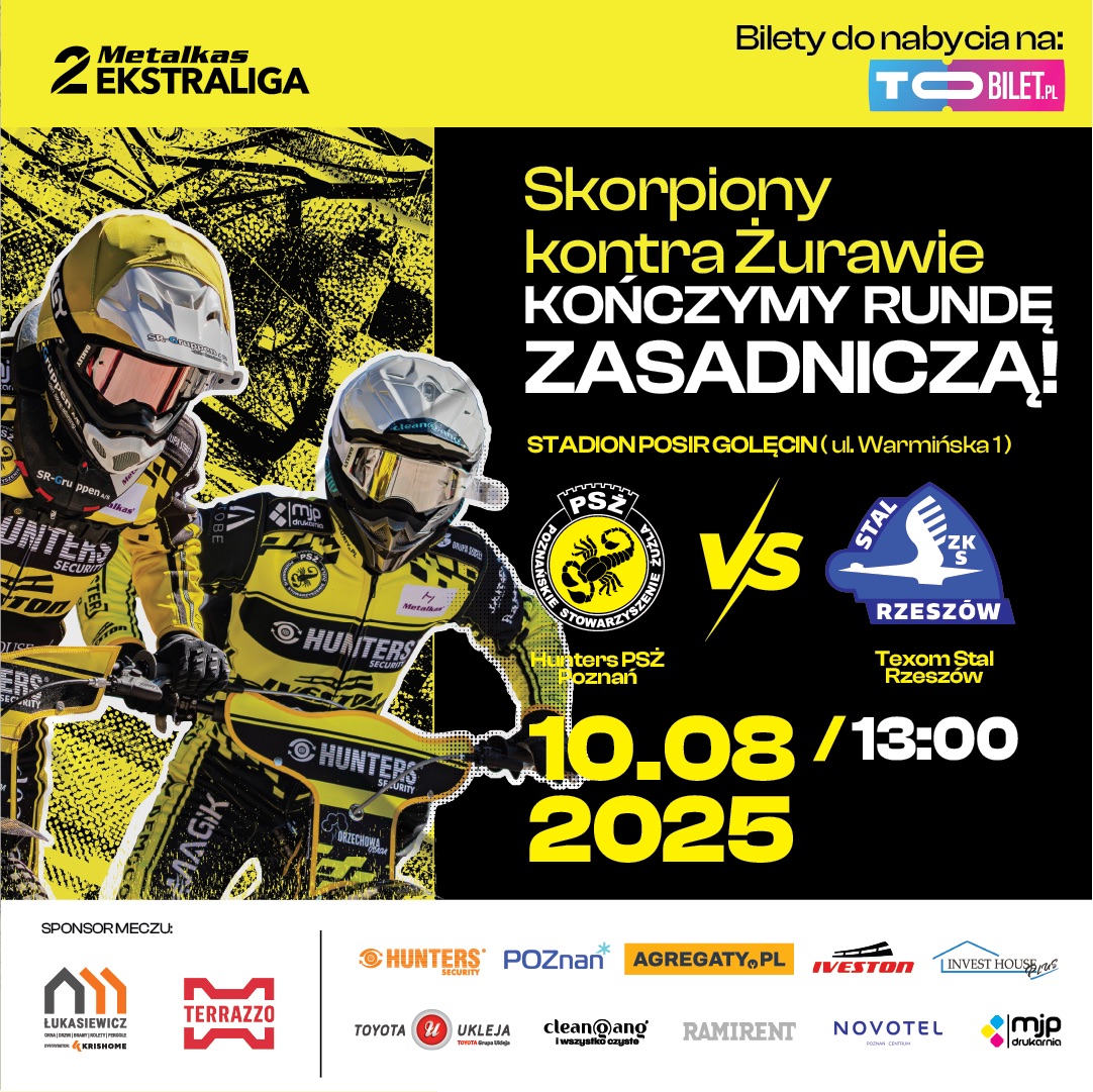 Plakat meczu Hunters PSŻ Poznań - Texom Stal Rzeszów - 2 żużlowców na czarno-żółtym tle. Z prawej strony na czarnym tle data i termin meczu wraz z logotypami klubów - grafika artykułu