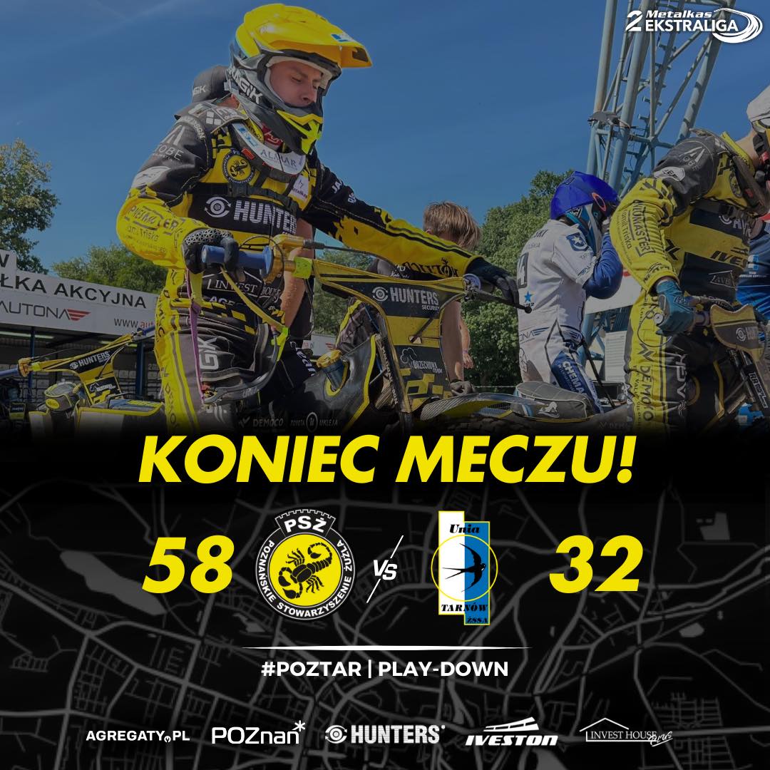 Grafika na koniec meczu PSŻ Poznań, fot. Facebook PSŻ Poznań - na pierwszym planie na czarnej planszy wynik meczu, a w tle zdjęcie dwóch żużlowców na motocyklu - grafika artykułu