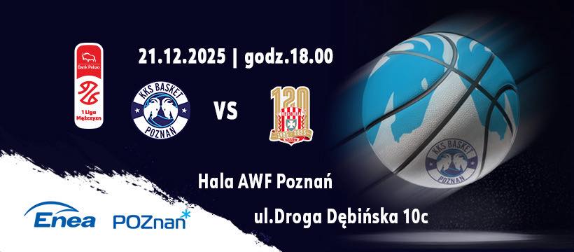 Plakat meczu Enea Basket Poznań - na ciemnym tle logotypy klubów i termin oraz lokalizacja - grafika artykułu