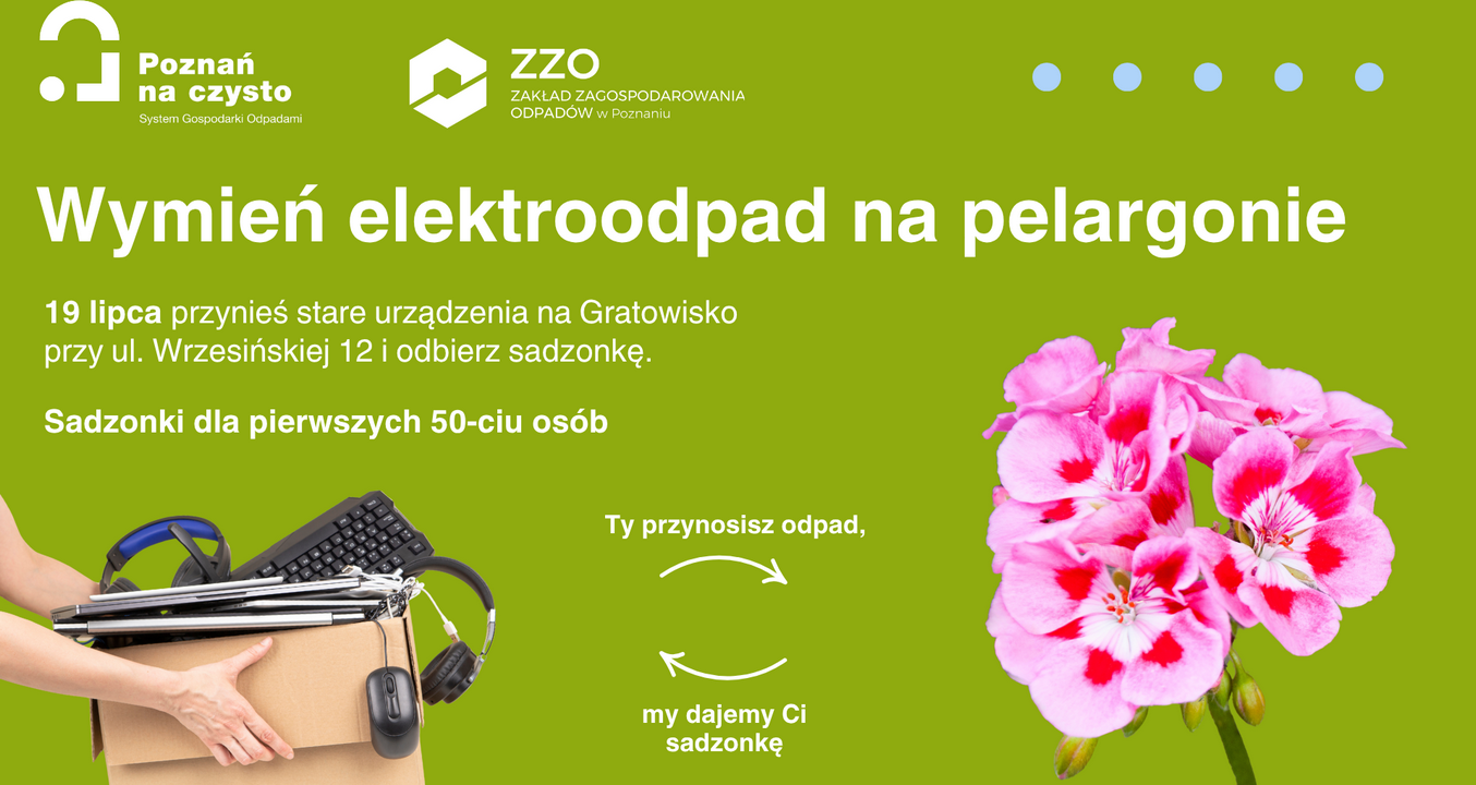 zdjęcie przedstawia ręce trzymające karton z elektroodpadami oraz kwiat pelargonii jest to plakat promujący wydarzenie "Wymień elektroodpady na pelargonie" - grafika artykułu