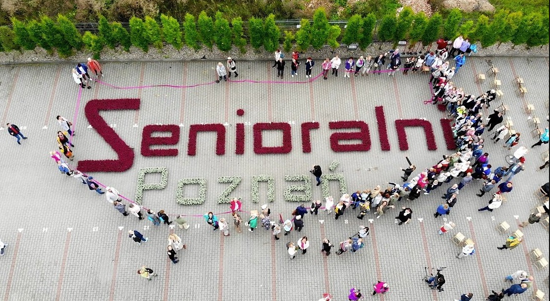 grafika przedstawia widok z góry na plac na którym ułożony został z kwiatów napis Senioralni - grafika artykułu