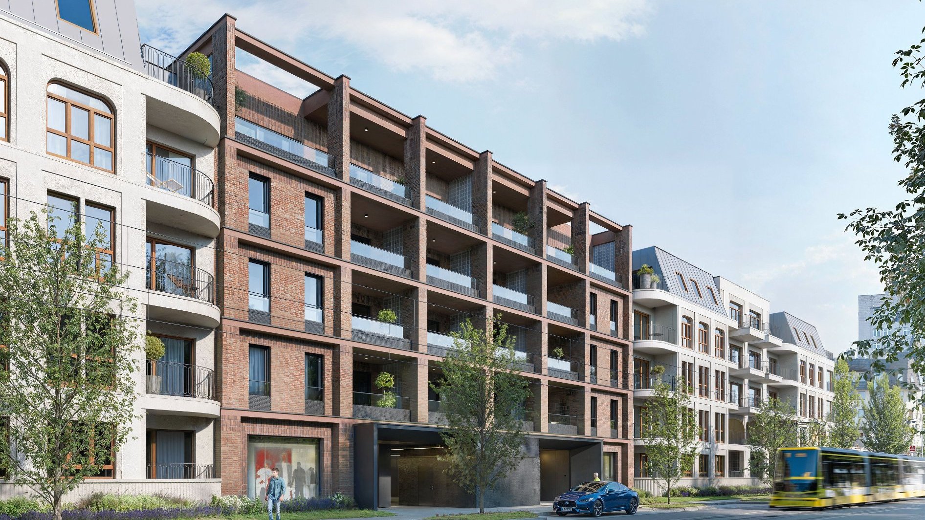 Wizualizacja inwestycji przy ul. Gajowej w Poznaniu. Czteropiętrowa, nowoczesna kamienica wykonana z brązowej cegły.