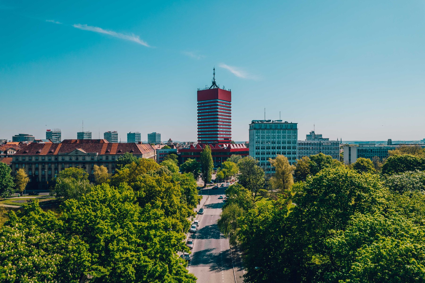 Collegium Altum w Poznaniu w centrum otoczone pobliskimi budynkami. Na pierwszym planie dominują zielone drzewa. - grafika artykułu
