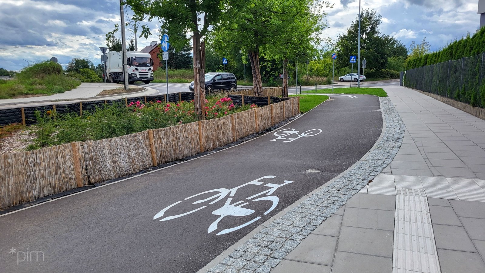 Nowa droga rowerowa wzdłuż ul. Dmowskiego. Chodnik, drzewa i zieleń