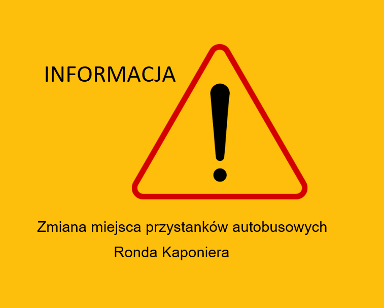 Grafika ze znakiem drogowym. Znak ostrzegawczy A-30. Obok niego napis Informacja oraz zdanie Zmiana miejsca przstanków autobusowych Ronda Kaponiera. - grafika artykułu