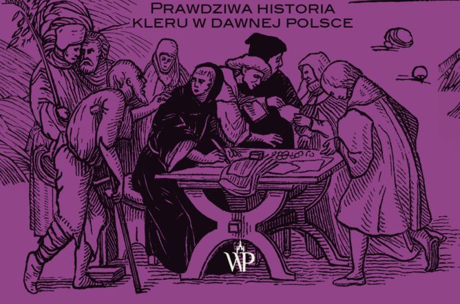 Okładka jest fioletowa, jest na niej narysowany tłum postaci ze średniowiecza - są wśród nich żebracy, zakonnice, pielgrzymi. - grafika artykułu