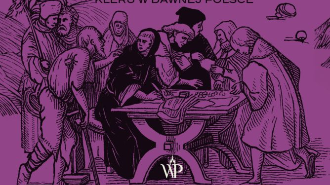 Okładka jest fioletowa, jest na niej narysowany tłum postaci ze średniowiecza - są wśród nich żebracy, zakonnice, pielgrzymi.