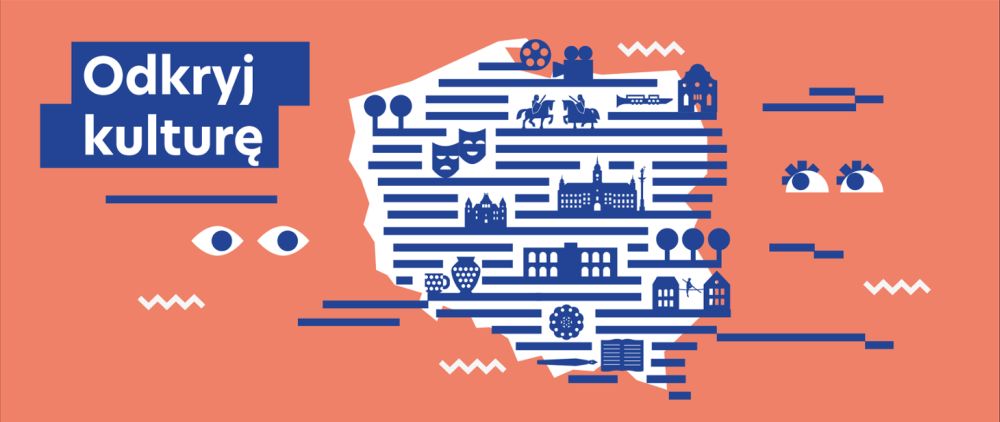 Plakat z graficznym motywem mapy Polski, a na niej ikonami masek teatralnych, kamery filmowej czy eksponatów muzealnych. - grafika artykułu