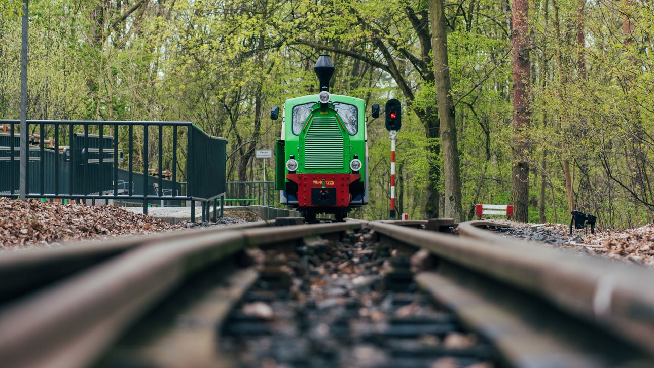 Przód zielonej lokomotywy kolejki wąskotorowej, która najeżdża na stację wśród drzew.