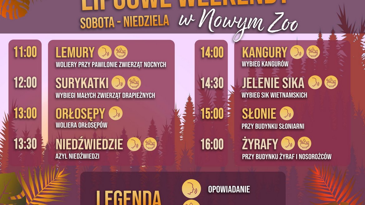 Plakat, który reklamuje godziny pokazów poszczególnych zwierząt w Nowym Zoo. W planie 11:00 - Lemury, 12:00 - Surykatki, 13:00 - Orłosępy, 13:30 - Niedźwiedzie, 14:00 - Kangury, 14:30 - Jelenie sika, 15:00 - Słonie, 16:00 - Żyrafy.