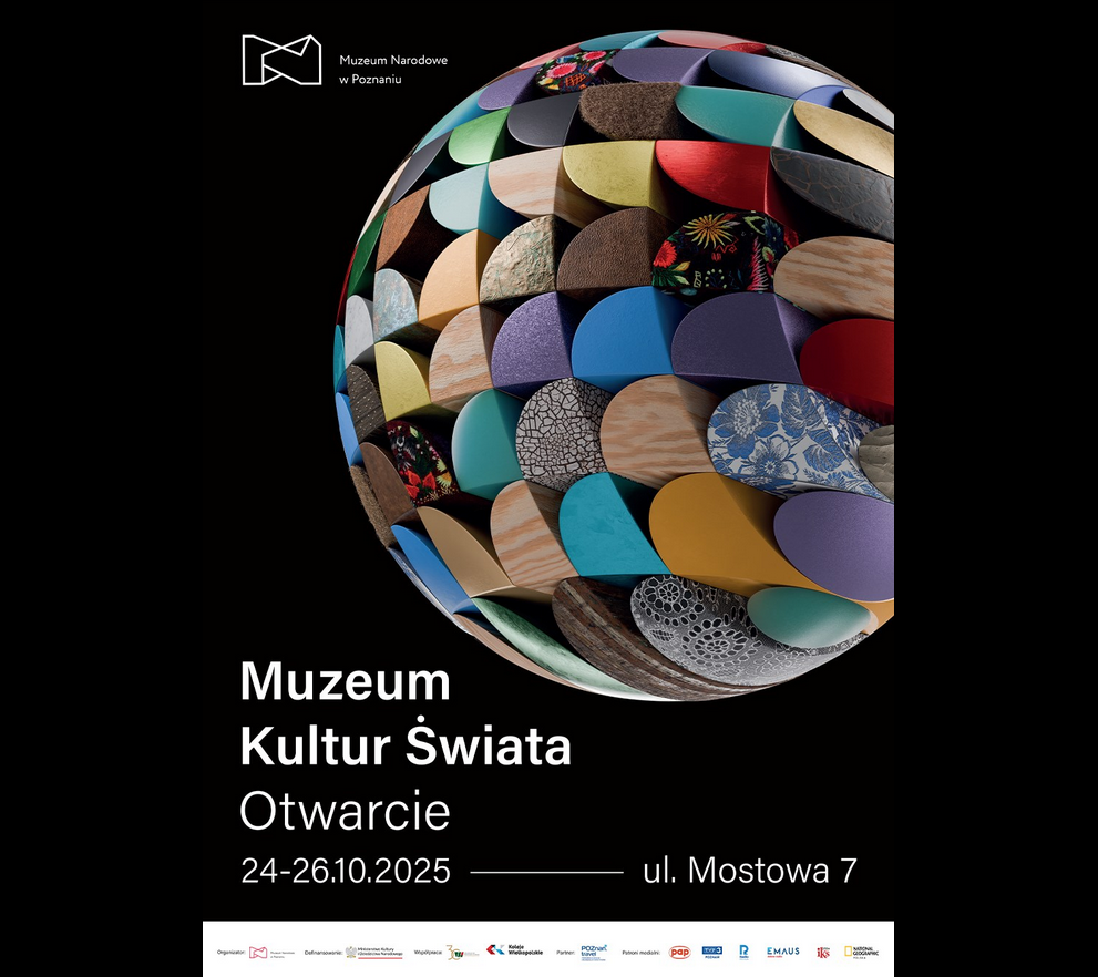 Plakat reklamujący Muzeum Kultur Świata - Otwarcie 24 - 26.10.2025, ul. Mostowa 7. Na czarnym tle grafika symbolizujęca kulę ziemską składającą się z różnowkolorowych elemntów. - grafika artykułu