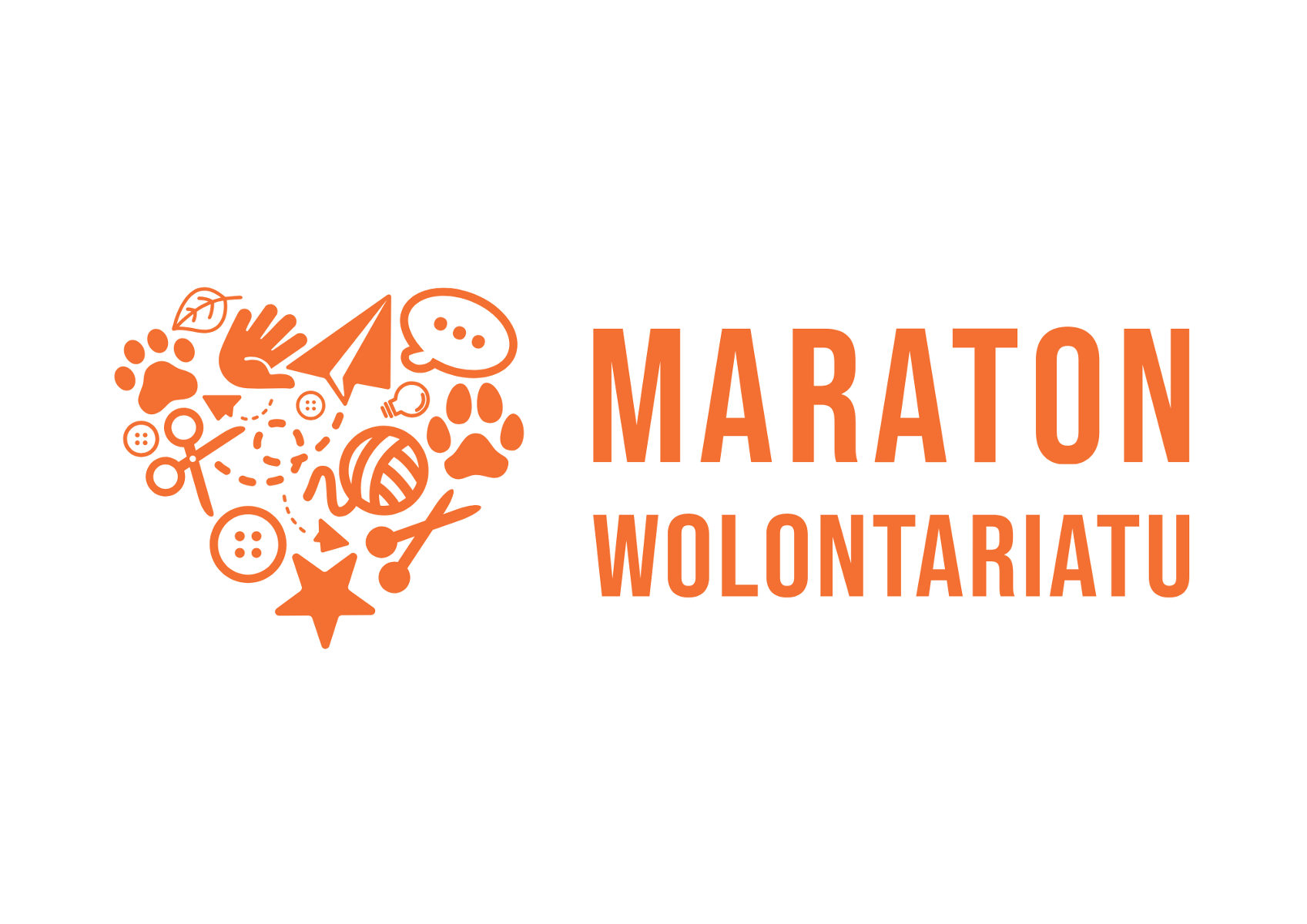 Na zdjęciu po lewej stronie znajduje się serce, a po prawej stronie napis "Maraton Wolontariatu". Elemnty są w kolorze pomarańczowym na białym tle. - grafika artykułu