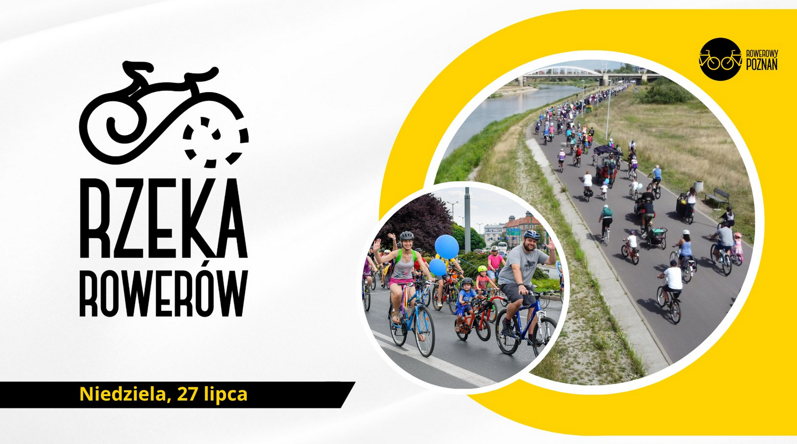 Plakat, który reklamuje Rzekę Rowerów. Po lewej stronie napis Rzeka Rowerów, a nad nim abstrakcyjny rysunek roweru, po prawej stronie kolarz zdjęć z rowerzystami. - grafika artykułu