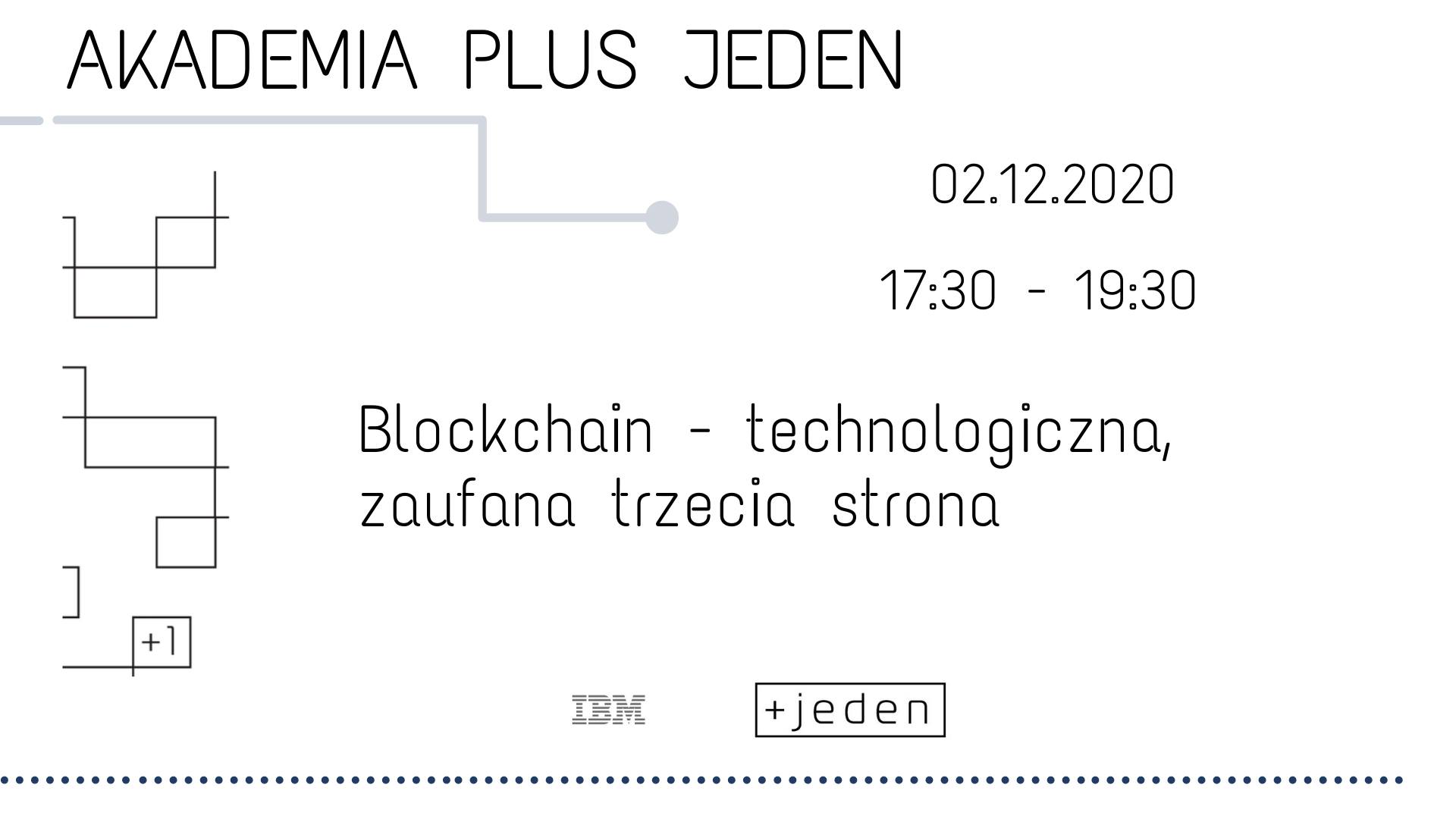 Plakat. Czarne napisy na białym tle: Akademia Plus Jeden. Blockchain - technologiczna, zaufana trzecia strona. - grafika artykułu