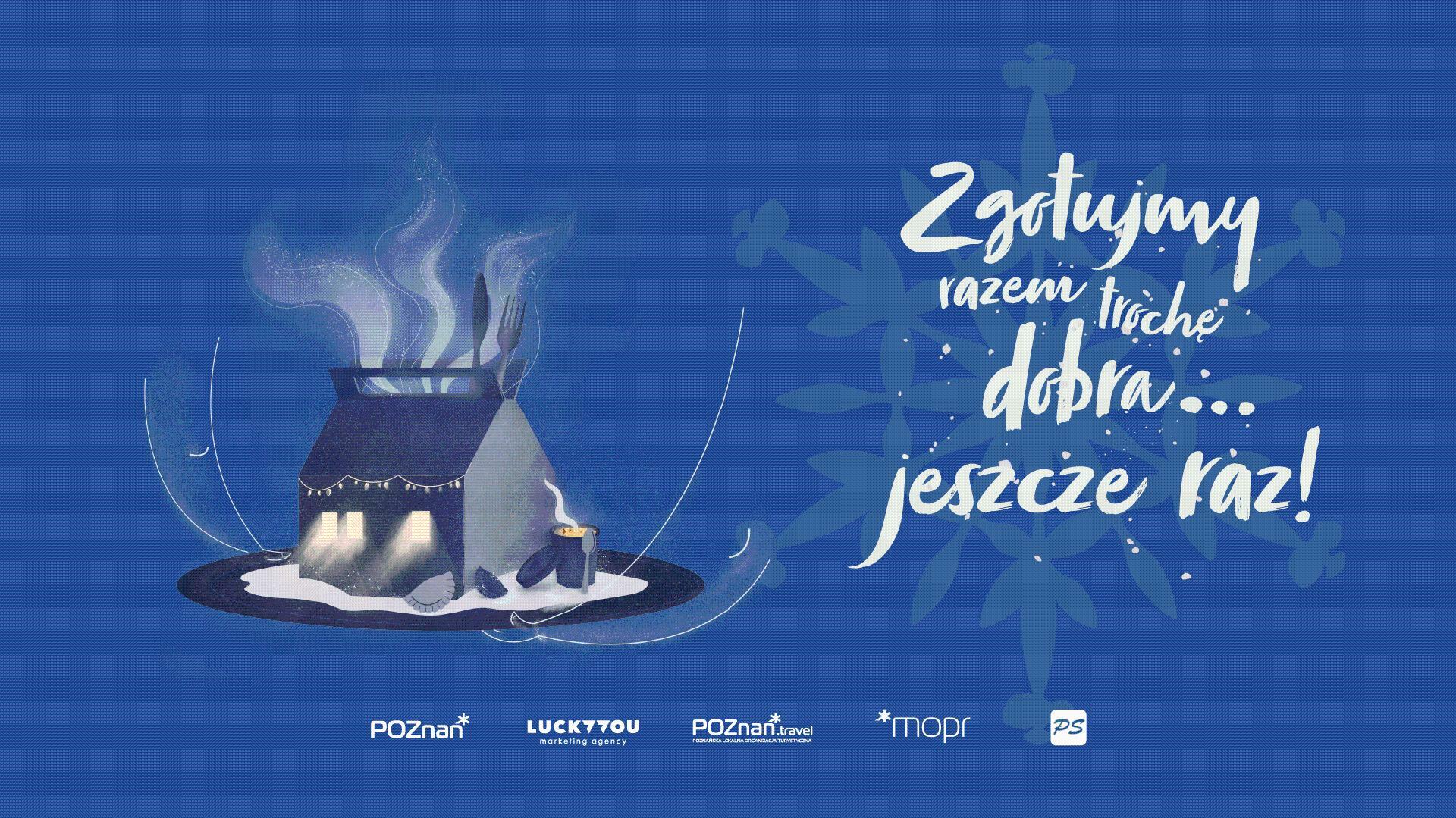 Plakat przedstawia parujący namiot w kształcie pudełka z jedzeniam na wynos. Obok napis: Zgotujmy razem trochę dobra jeszcze raz! - grafika artykułu