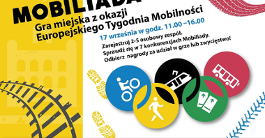Obrazek przedstawia plakat promujący grę miejską Mobiliada z okazji Europejskiego Tygodnia Mobilności.