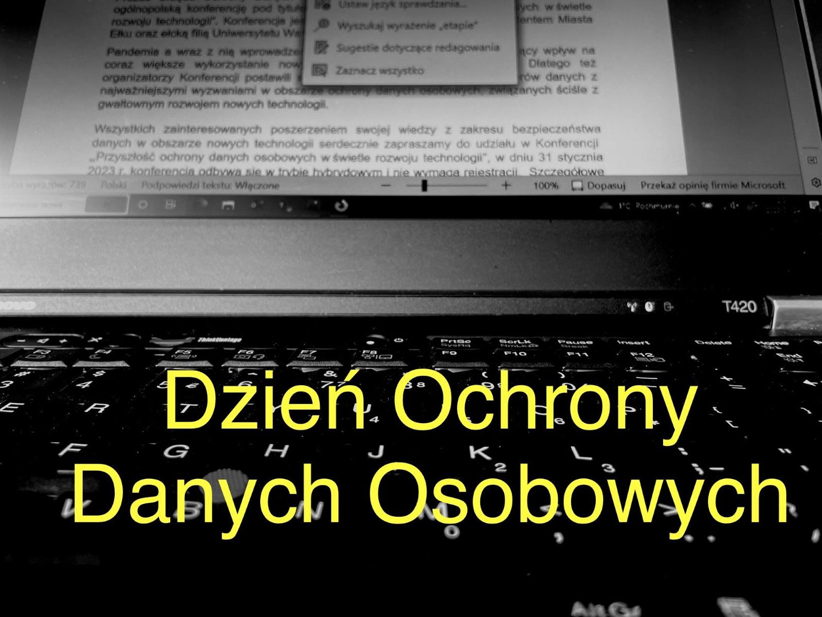 Zdjęcie klawiatury i ekranu laptopa, a na środku napis 'Dzień Ochrony Danych Osobowych' - grafika artykułu