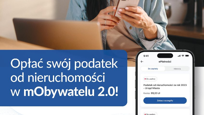Plakat ze zdjęciem kobiety ze smartphonem, obok najważniejsze informacje o usłudze