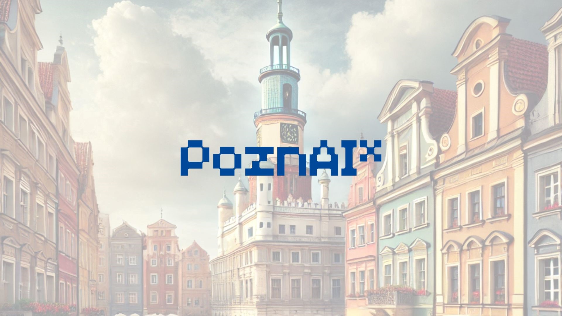Miasto w tle z wyróżniającą się wieżą w centrum, otoczone kolorowymi budynkami o różnorodnej architekturze. Na środku obrazka niebieski pikselowy napis: 'Poznań'. - grafika artykułu