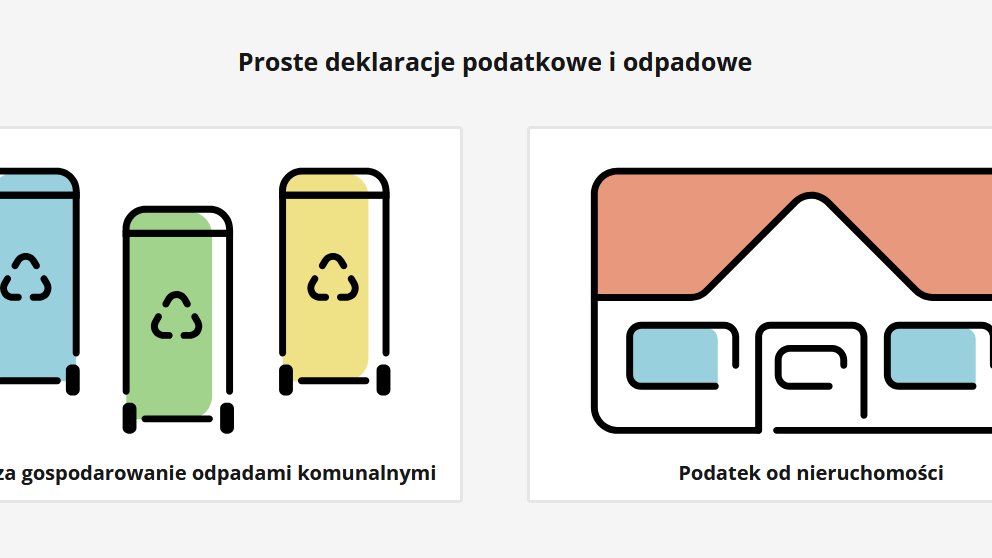 Fragment strony internetowej platformy Proste deklaracje podatkowe i odpadowe. Kolorowe ikony koszy na śmieci oraz domu kierują czytelnika do odpowiedniego podatku.