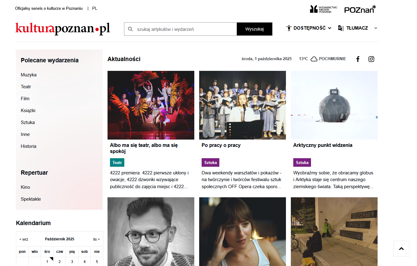 Zrzut ekranu strony internetowej Kulturapoznan.pl. Jasne tło, a na nim kolorowe zdjęcia, z boku pasek z polecanymi wydarzeniami. - grafika artykułu