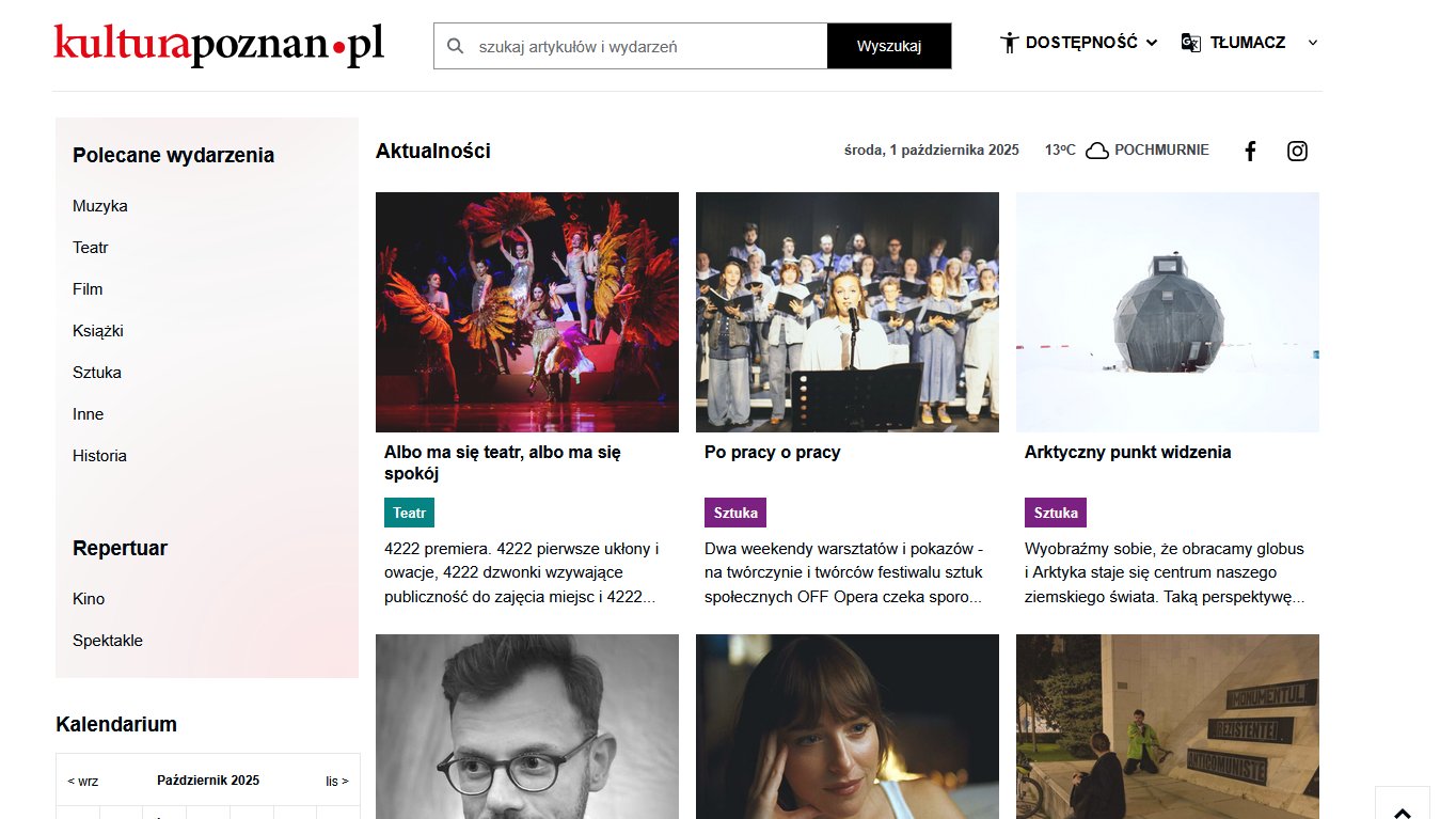 Zrzut ekranu strony internetowej Kulturapoznan.pl. Jasne tło, a na nim kolorowe zdjęcia, z boku pasek z polecanymi wydarzeniami.