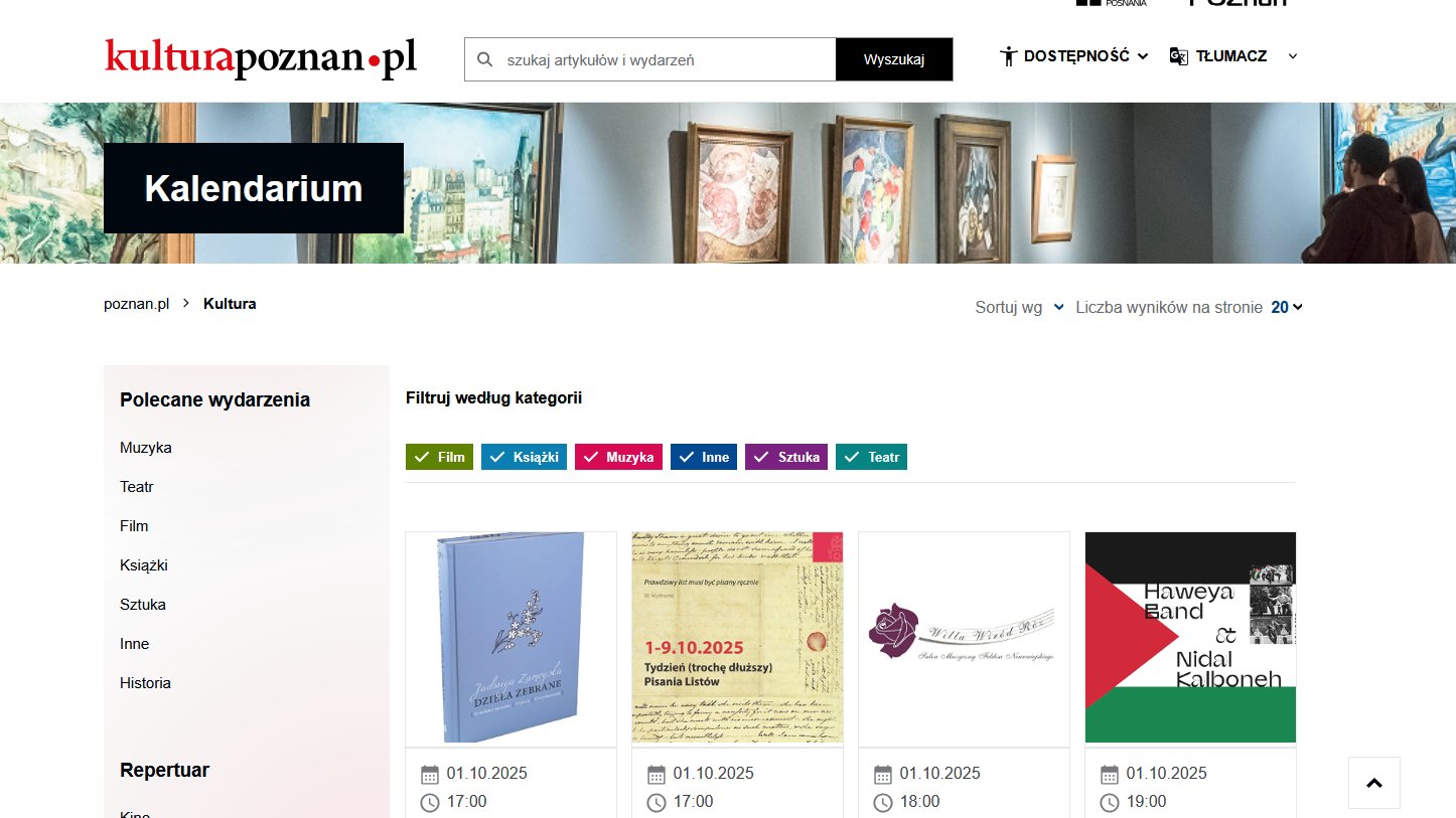 Kalendarium w nowej wersji strony internetowej, jasne tło, wydarzenia posortowane w kwadraty, kolorowe zakładki.