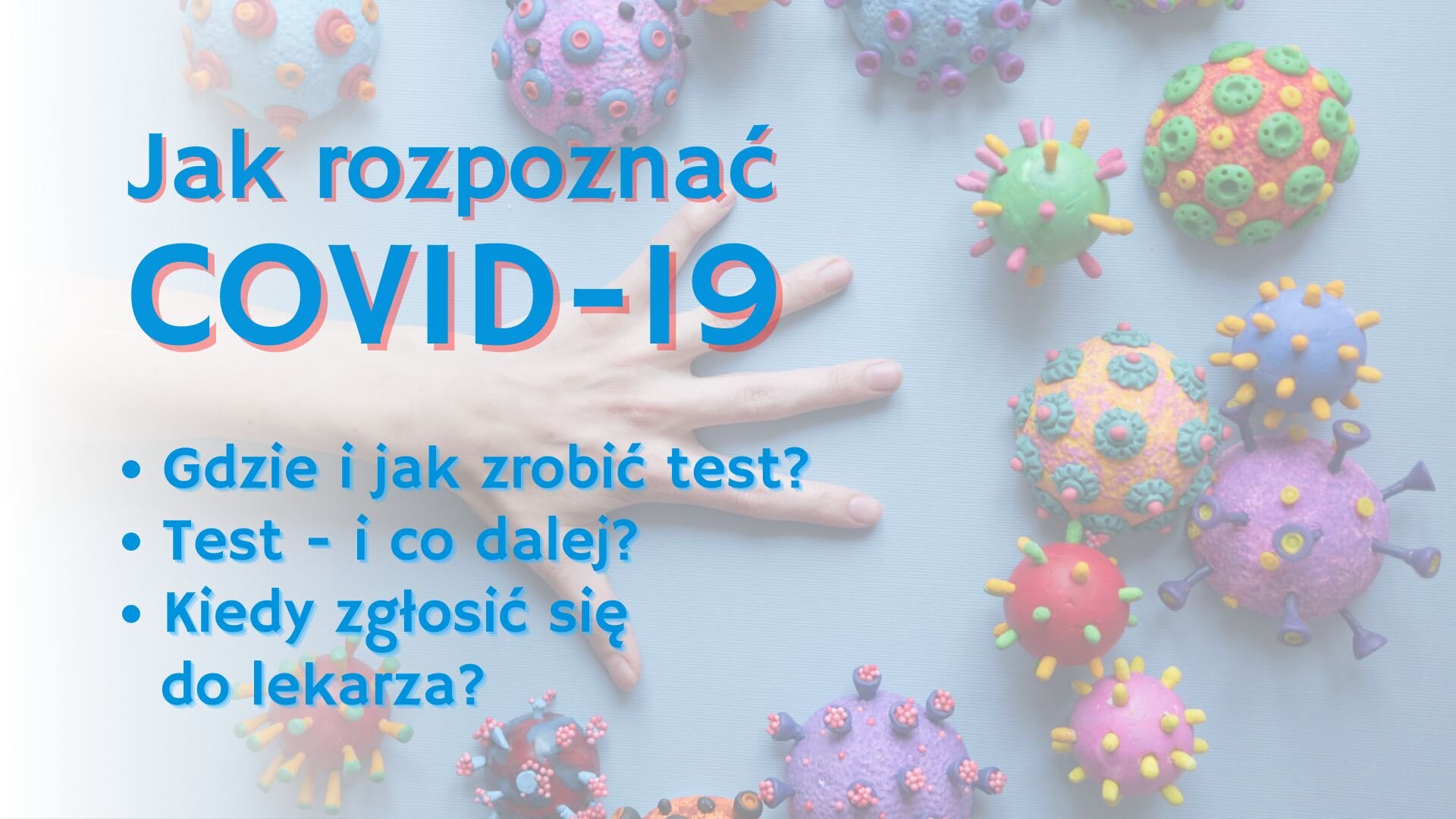 Grafika: w tle schematyczny rysunek wirusa, na pierwszym planie pytania: jak rozpoznać COVID-19