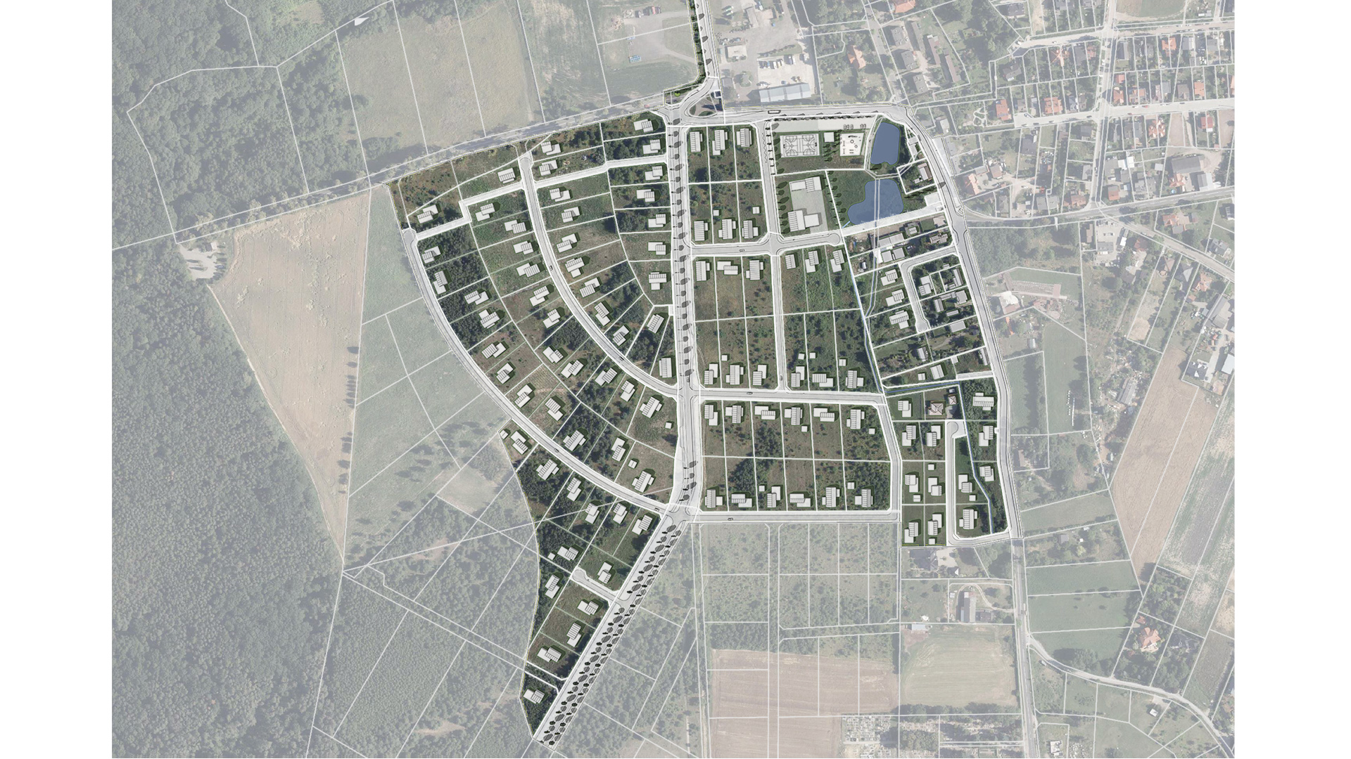 grafika przedstawia widok z góry. Ortofotomapa i białe bryły projektowanych budynków oraz zaznaczone kolorem szarym drogi. - grafika artykułu