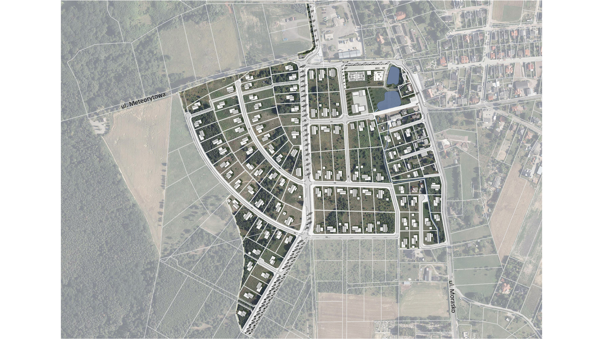Widok z góry. Mapa z granicą projektu planu. Białym kolorem przedstawiono nową zabudowę, wraz z podziałem działek geodezyjnych na podkładzie z ortofotomapy. - grafika artykułu