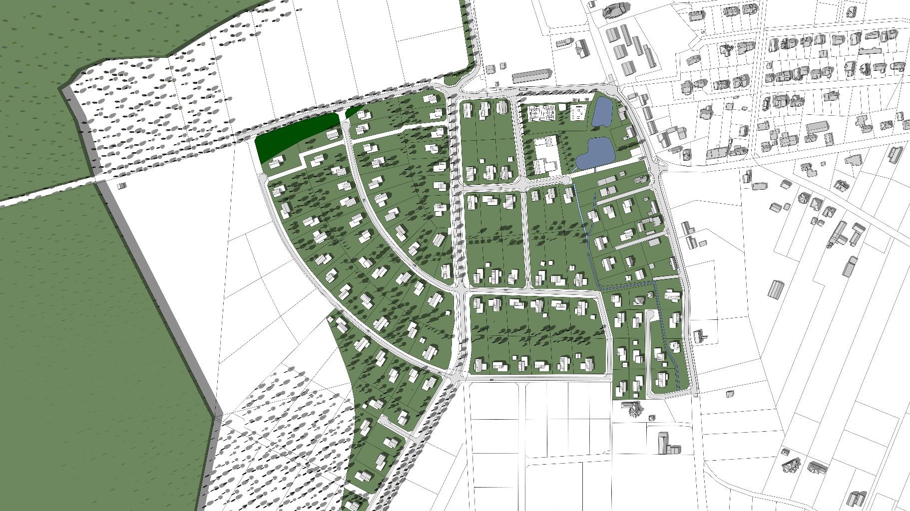 model 3D. Wizualizacja przedstawia widok z góry. Bryły istniejącej i projektowanej zabudowy. Kolorem zielonym podkreślono tereny zieleni i drzewa.
