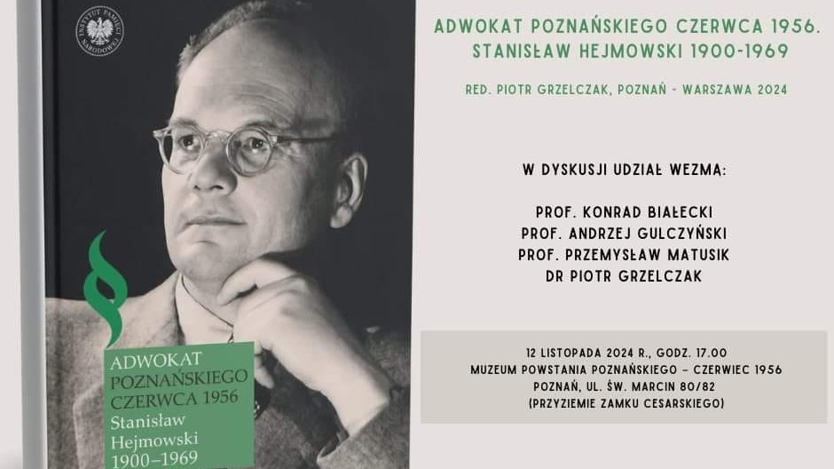 Po lewej stronie okładka książki przedstawiająca Hejmowskiego. Mężczyzna w średnim wieku, z łysiną i okrągłymi okularami. Patrzy w bok podpierając twarz dłonią. Po prawej szczegóły na temat wydarzenia.