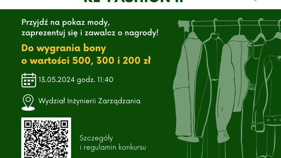 Grafika zapraszająca do udziału w konkursie "Nici z planety", prezentuje szkice odzieży, zaiwera kod QR odsyłający do regulaminu konkursu oraz informuje o terminie pokazu i nagrodach