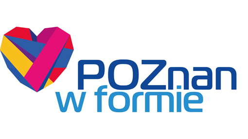 Grafika przedstawia logo wydarzenia "Poznań w formie", czyli kolorowe serce złożone z linii oraz niebieski napis "Poznań w formie"