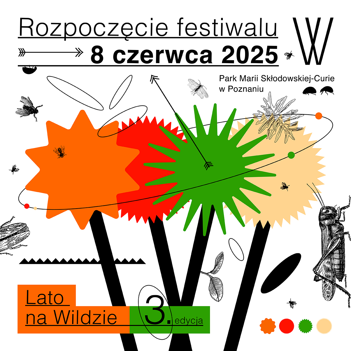 Białe tło z czterema kolorowymi kwiatamy, które są zbudowane z figur geometrycznych. Dookoła rysunki owadów i drobnych okręgów. - grafika artykułu