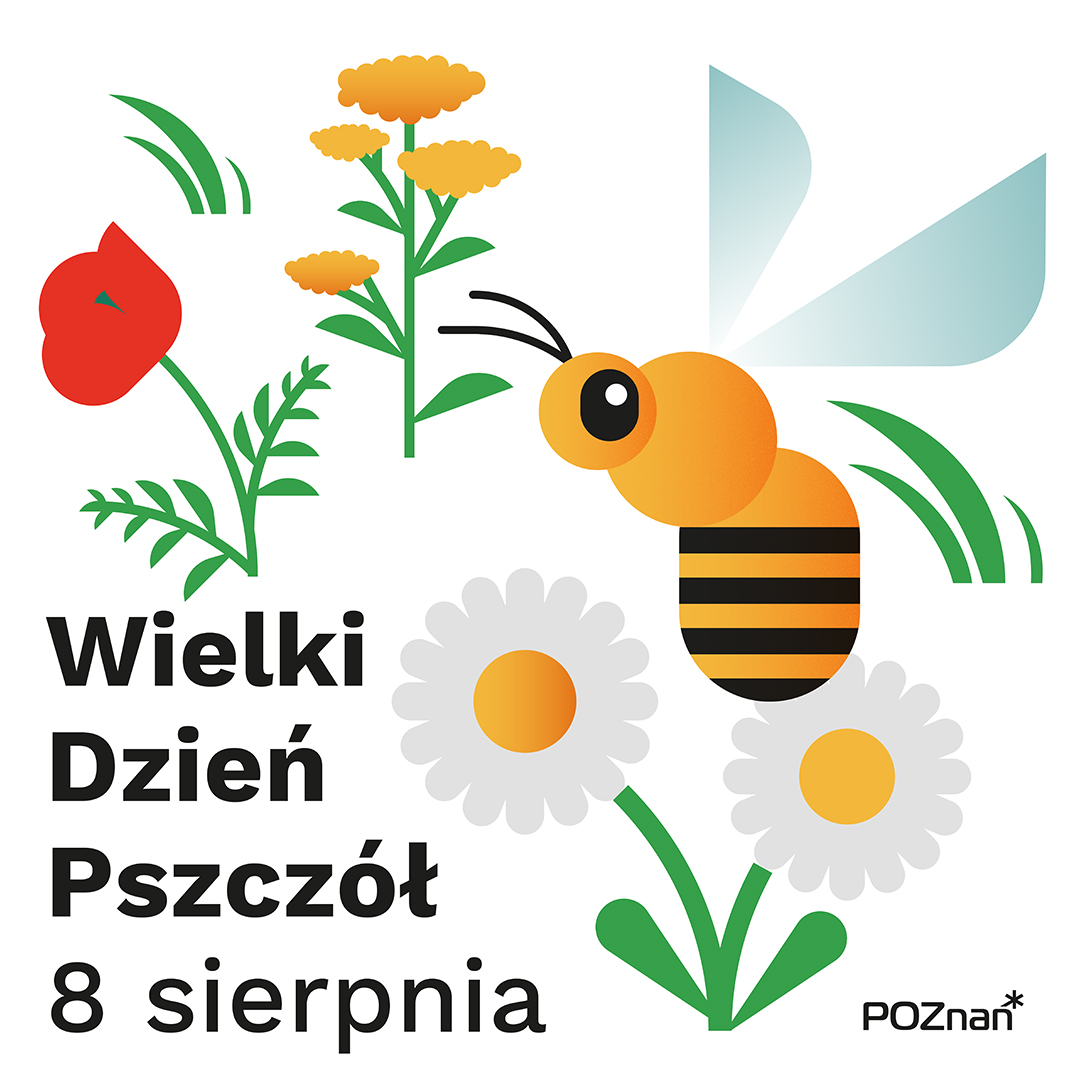 Pszczoła wśród 3 kwiatów i napis Wielki Dzień Pszczół - grafika artykułu