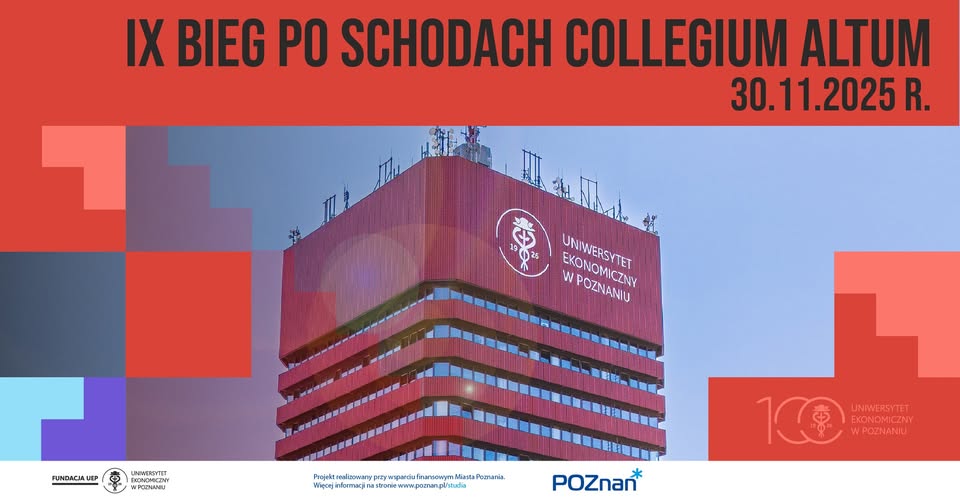 Plakat IX Biegu po Schodach Collegium Altum - głównym motywem zdjęcia jest zdjęcie budynku Collegium Altum, a na górze, na czerwonym tle, nazwa biegu i jego termin