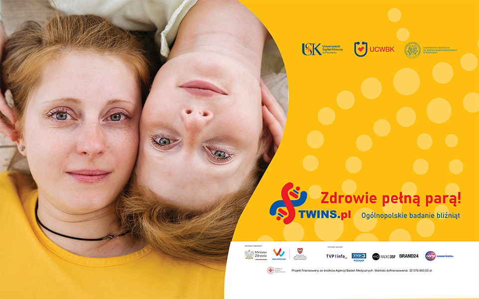 Rekrutacja par bliźniąt jest ciągła i potrwa dwa lata Plakat, na nim dwie twarze bliźniąt i nazwa programu