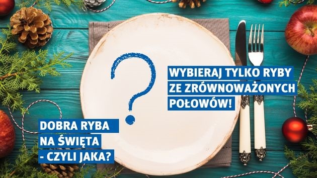 Z danych Organizacji Narodów Zjednoczonych do spraw Wyżywienia i Rolnictwa (FAO) wynika, że obecnie prawie 38 proc. stad ryb na świecie jest nadmiernie eksploatowanych Plakat promujący wybór ryb na święta ze zrównoważonych połowów. Na deskach pomalowanych na turkusowo ustawiono talerz i sztućce, dookoła świąteczne akcety i napisy informujące o wyborze ryb ze zrównoważonych połowów.