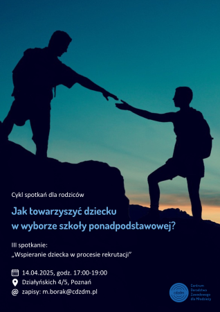Plakat przedstawia ludzi na szczycie, podających sobie pomocną dłoń.