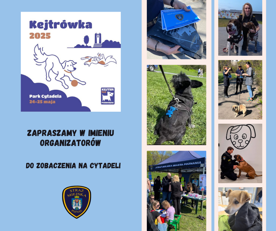 Kejtrówka 2025 Plakat z zaproszeniem na zbliżająca się kejtrówkę z wizerunkami psów i strażników miejskich
