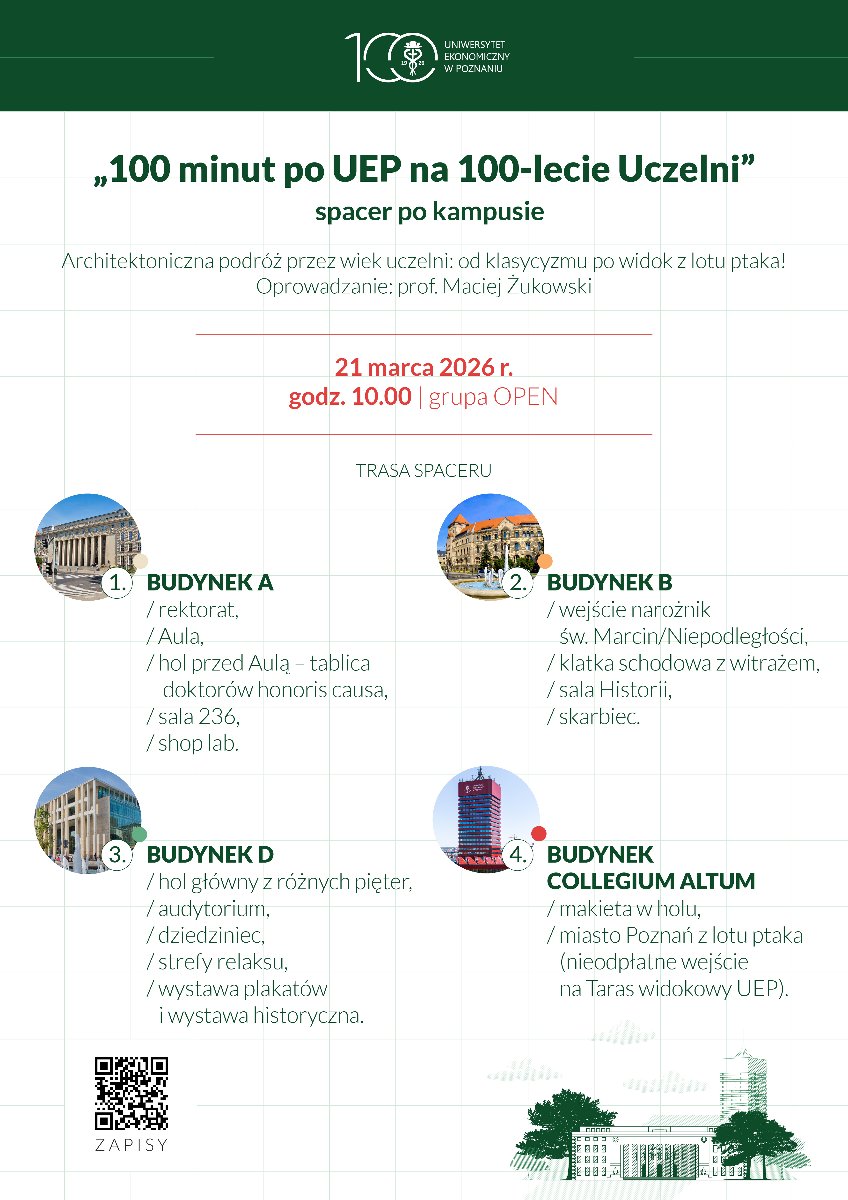 Plakat zapraszający na spacer po kampusie Uniwersytetu Ekonomicznego w Poznaniu z okazji 100-lecia uczelni. Wydarzenie odbędzie się 21 marca 2026 r. o godz. 10.00 i obejmuje zwiedzanie czterech budynków; na dole znajduje się kod QR do zapisów.