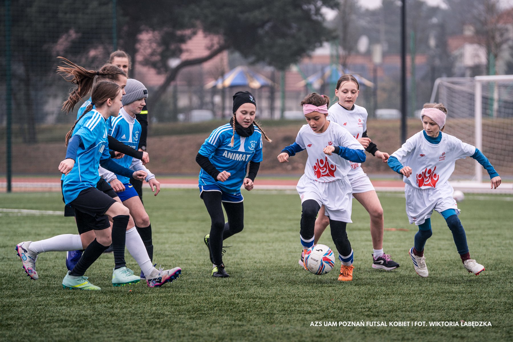 Poznańska Liga Orliczek, fot. Wiktoria Łabędzka Poznańska Liga Orliczek, fot. Wiktoria Łabędzka - 7 dziewczynek walczy o pikę, 4 w niebieskich, a 3 w białych. W tle widać kobietę sędzię
