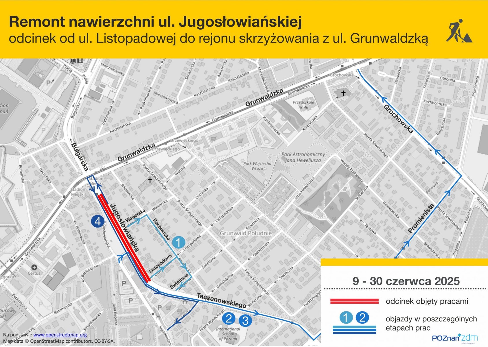 Schemat remontu ul. Jugosłowaiańskiej rysunek przedstawia zakres remontu ul. Jugosłowiańskiej oraz objazdy w kolejnych etapach prac