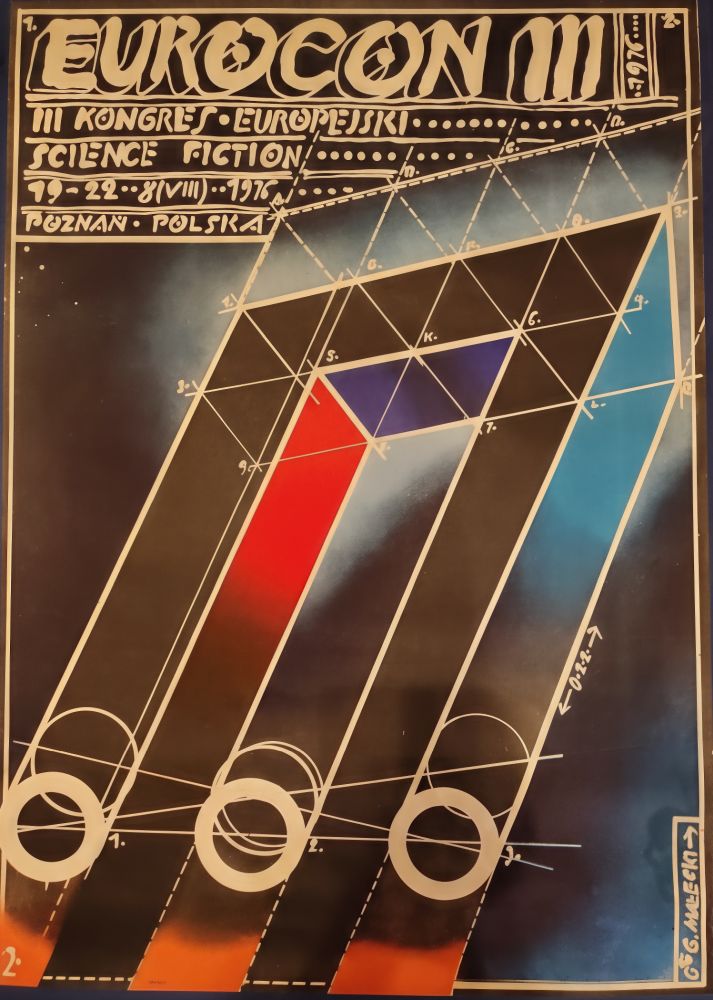 Utrzymany w mrocznych kolorach plakat konwentu science fiction.